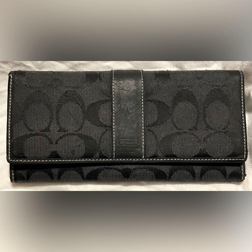 Coach Signature Jacquard Signature C Black Leather Trim Long Bifold Wallet